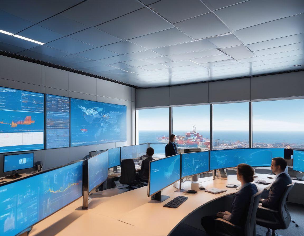 A dynamic scene showing a diverse team of professionals collaborating in a modern office environment, analyzing shipping data on large screens. Include freight containers stacked outside a panoramic window and a sleek cargo plane in the sky. Emphasize teamwork and technology in shipping solutions with graphs and charts presented. vibrant colors. 3D.