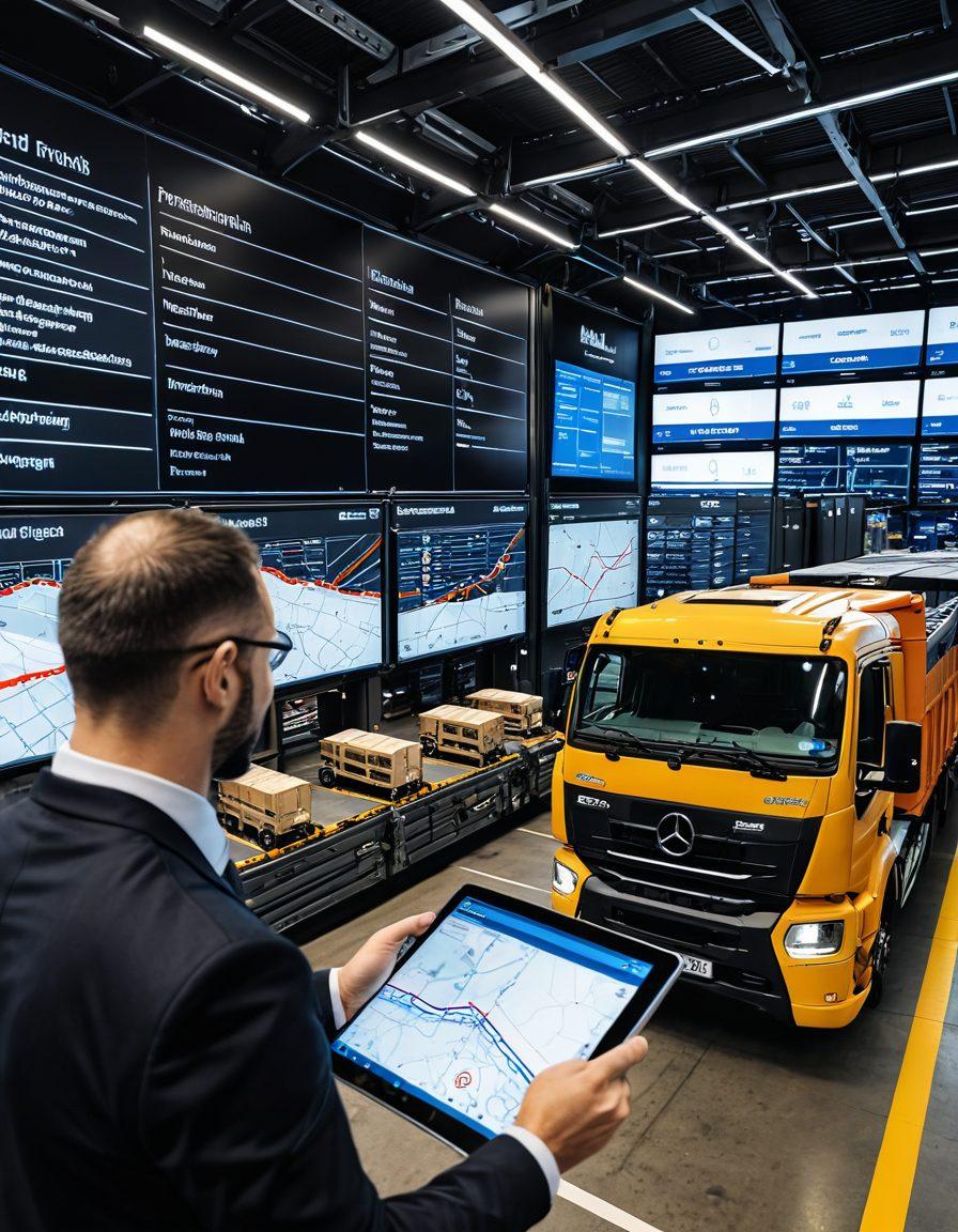 A bustling transport hub filled with various trucks and cargo loading vehicles, showcasing a digital load board displaying live data and freight exchanges. In the foreground, a confident logistics manager analyzing tablet data with a backdrop of interconnected freight routes on a map. Include elements of speed and efficiency, like motion lines and clocks. super-realistic. vibrant colors.