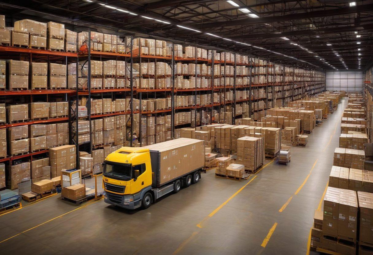 A dynamic scene depicting a cargo distribution warehouse, showcasing various trucks loading and unloading goods. Include intricate details of load matching software on screens, and team members coordinating logistics with maps and tablets. Feature a diverse range of cargo, such as containers, pallets, and boxes, under vibrant warehouse lights to accentuate efficiency. super-realistic. vibrant colors. 3D.